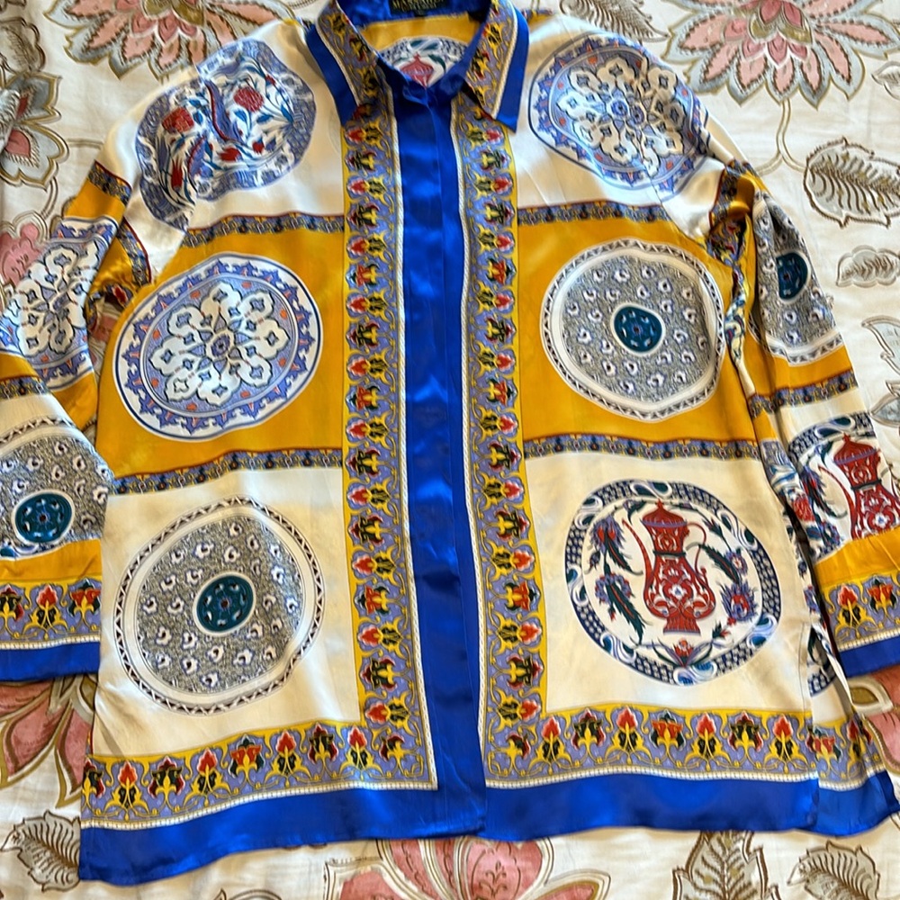 Massardi Gold Label vintage silk Imari blues/golds blouse/tunic size XL - Picture 6 of 12